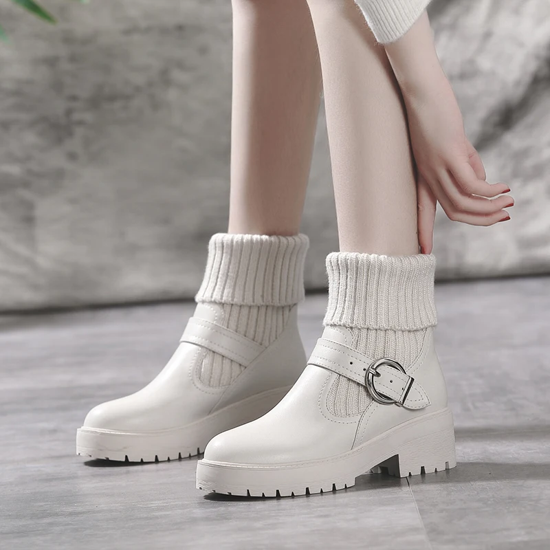 

Genuine Leather Knitting Wool Ankle Boots Women Winter High Heels Riding Boots Fashion Buckle Female Ankle Boot Winter Shoes