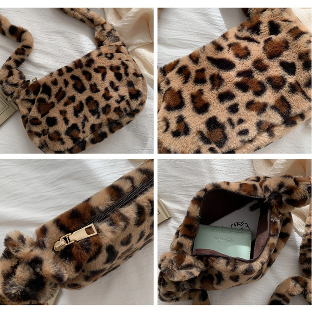 

Fluffy Female Handbag Small Fashion Leopard Print Crossbody Bag Women Plush Soft Casual Shoulder Messenger Bag