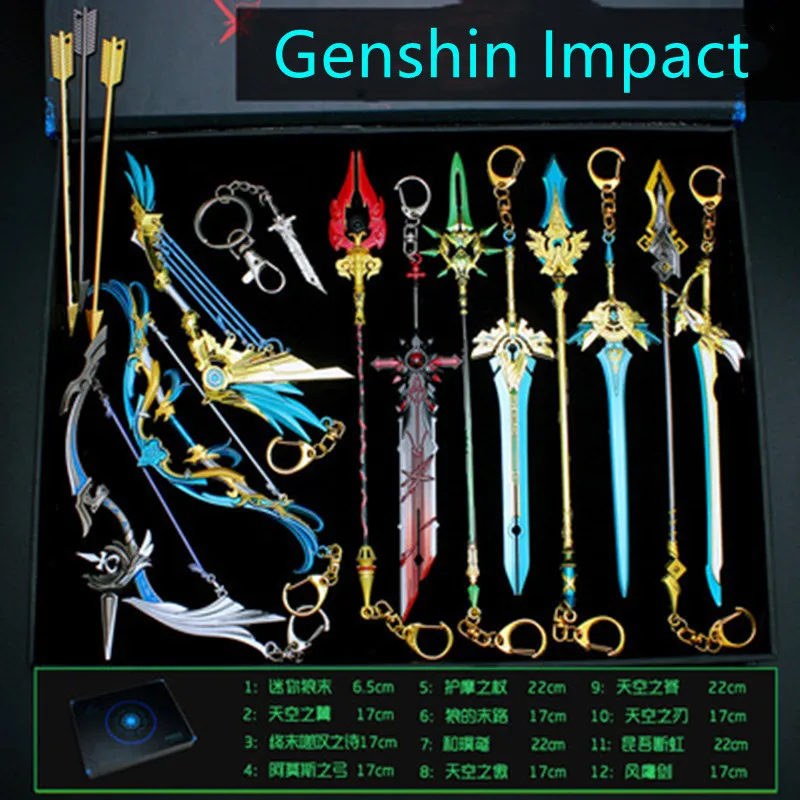 

12PCS Genshin Impact Sword Keychain Model Weapon Set Toys Tartaglia Venti Klee ZhongLi Xiao Alloy Key Ring Collection Gift Box