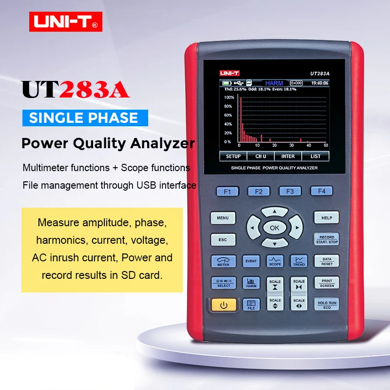 Однофазный Анализатор качества электроэнергии UT283A Измерение гармоник фаза/тока