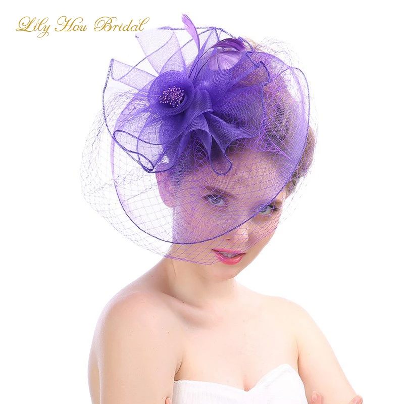 

Ladies Tea Party Fascinator Hat Ruffles Flower Feather Beaded Wedding Bridal Headwear Purple Black Fuchsia Red Ivory