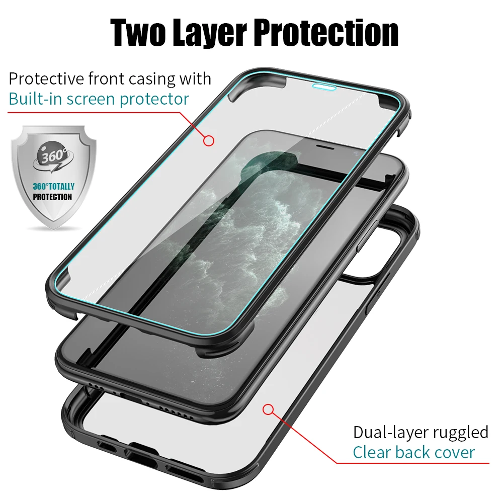 luxury 360 full protection phone cover for iphone xr xs max x 11 pro max dual layer ruggled built in screen protector glass case free global shipping