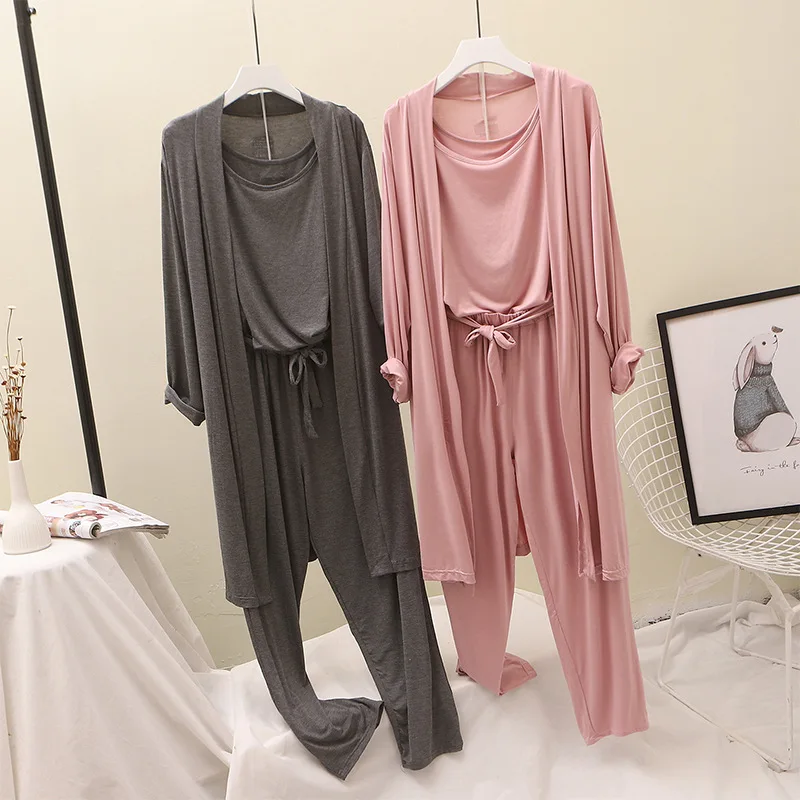 

Modal Pajamas Suits Women Home Wear Fashion Goddess Cardigan+tank Top+pants Three-Pieces Set Outfit Lazy Wind