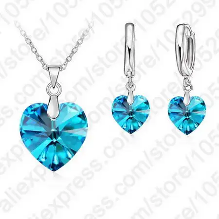 

925 Sterling Silver Romantic Austrian Crystal Jewelry Heart Pendant Necklaces Lever Back Earrings Woman Accessories Gift