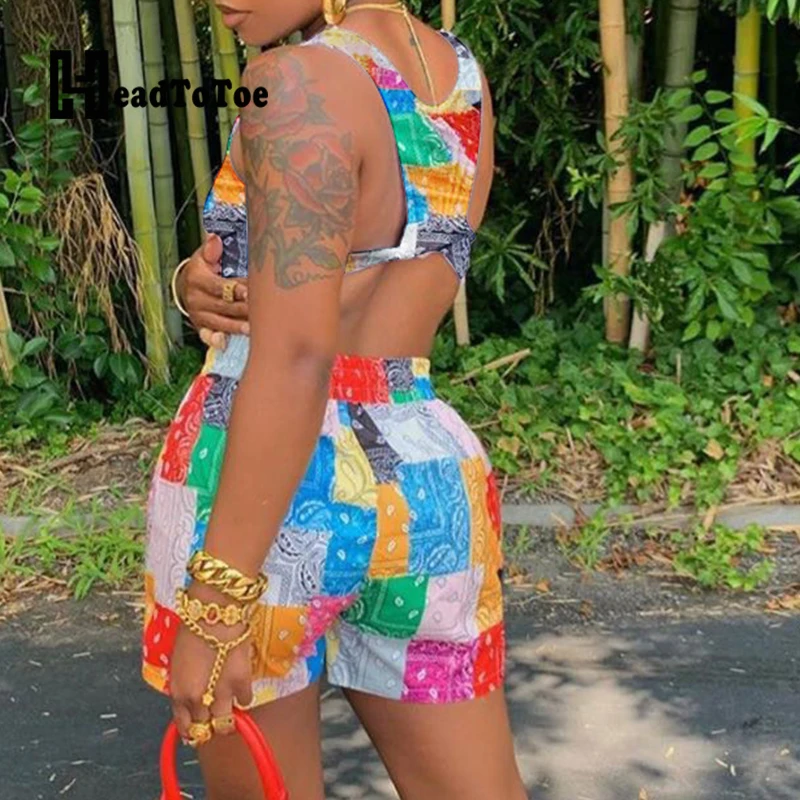 

Colorblock Plaid Patchwork Print Casual Beach Style Two Piece Set Women Sleeveless Round Neck Drawstring 2 Piece Set Women