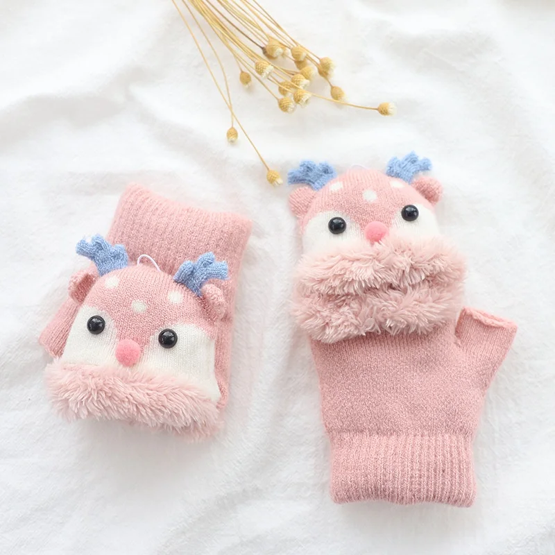 От 4 до 8 лет зимние детские вязаные перчатки с рисунком лося открытыми пальцами