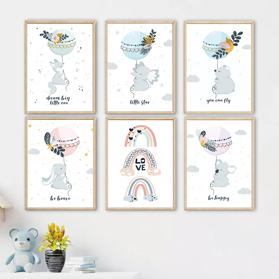 

Balloon Flower Rainbow Fox Elephant Rabbit Bear Wall Art Canvas Painting Nordic Posters And Prints Pictures Kids Room Home Decor