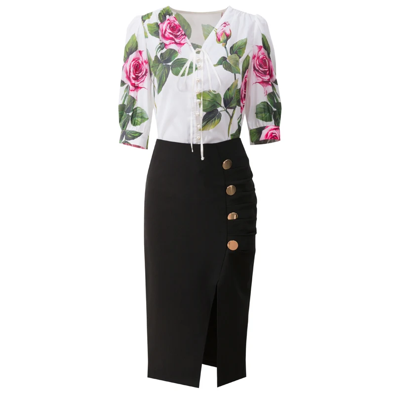 

DIDABOLE Summer New Women Sets V-Neck Print Short Sleeve Tops + Buttons Black Pencil Skirt Fashion Elegant Party Two-Piece Suit