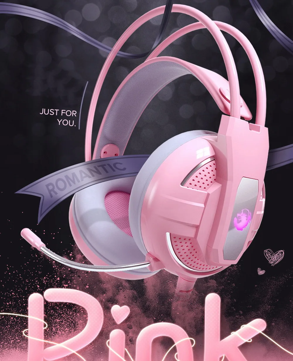 

Gaming Headphones Wired Girl Pink Stereo Headphone Noise Canceling Lady Game Headset Microphone MP3 for Phone PC Laptop Computer