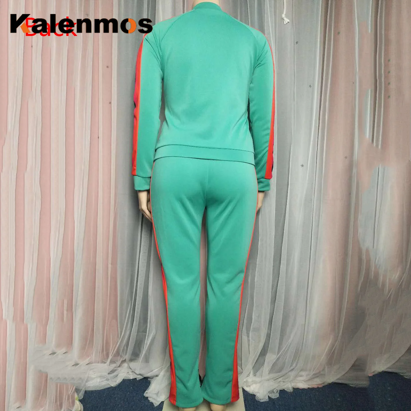

Plus Size Tracksuit for Women 2 Pieces Sets Green Patchwork Jackets Tops and Flare Pants Sets Elegant Female Causal Matching Set