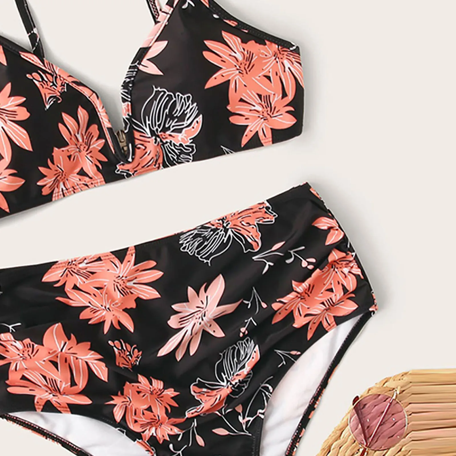 

Women's new fashion tube top sexy split printing open back bikini swimsuit Maple leaf print Feminine F4