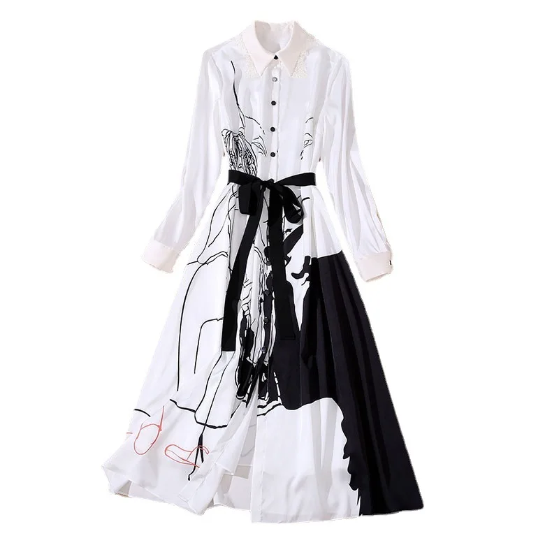 

Women runway designer graphic print shirt dress spring 2021 long sleeve turn down collar elegant tes break dresses