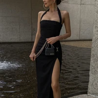 2022 winter women fashion halter neck sexy corset slim dress solid black side high slit sleeveless evening long dresses vestidos