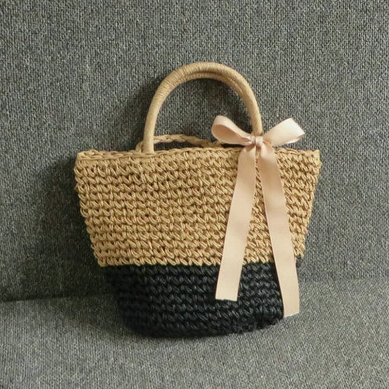 Вязаная сумочка пляжная сумка на плечо Женская тканая соломенная с бантом из