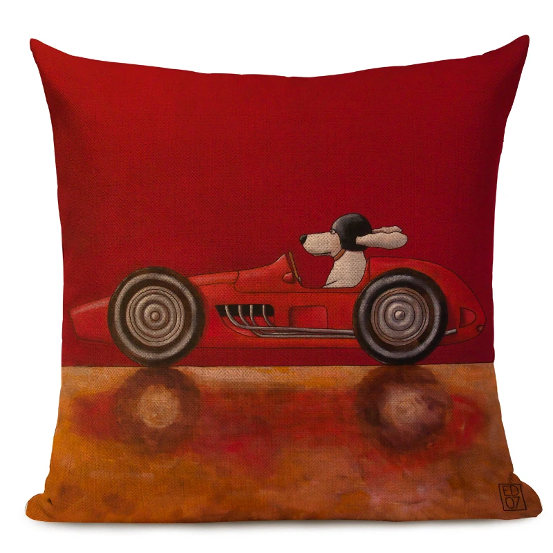 Hot Sale Pillow Lovely Cartoon Dog Cat Color Driving Car Vintage Almofadas 45X45CM Linen Pillow Decorative Linen Cushion Cover