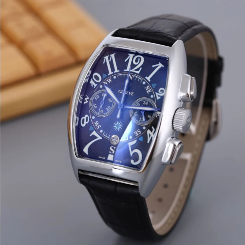

Men's Watches Bucket Shape F Muller Quartz Wristwatch Week Display Leather Top Fashion Brand Luxury Business Watch for Men