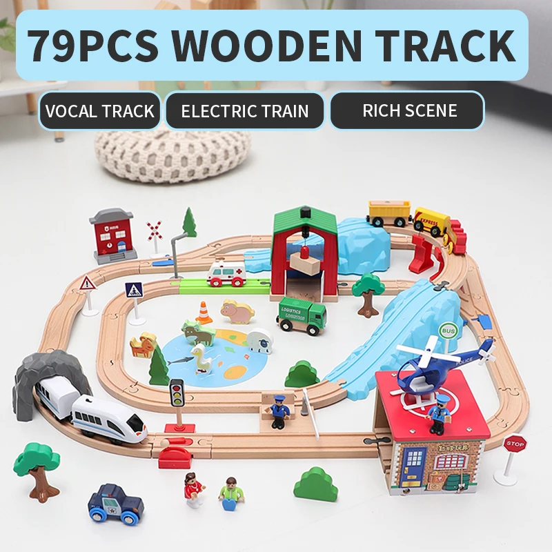 

79 шт. деревянный Электрический магнитный трек для поезда, автомобиль, набор, деревянная железная дорога, пазл, строительные блоки, сборные игрушки, детские игрушки, деревянная игрушка