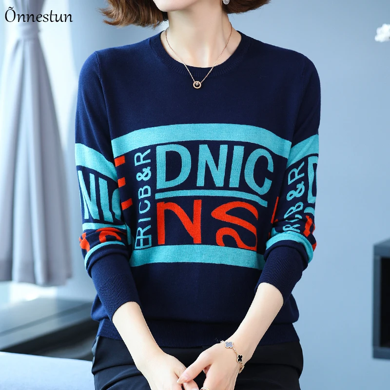 

Letter Print Sweater Women Autumn Spring Knitted Pullovers Long Sleeve Top Pull Femme Soft Women's Sweaters