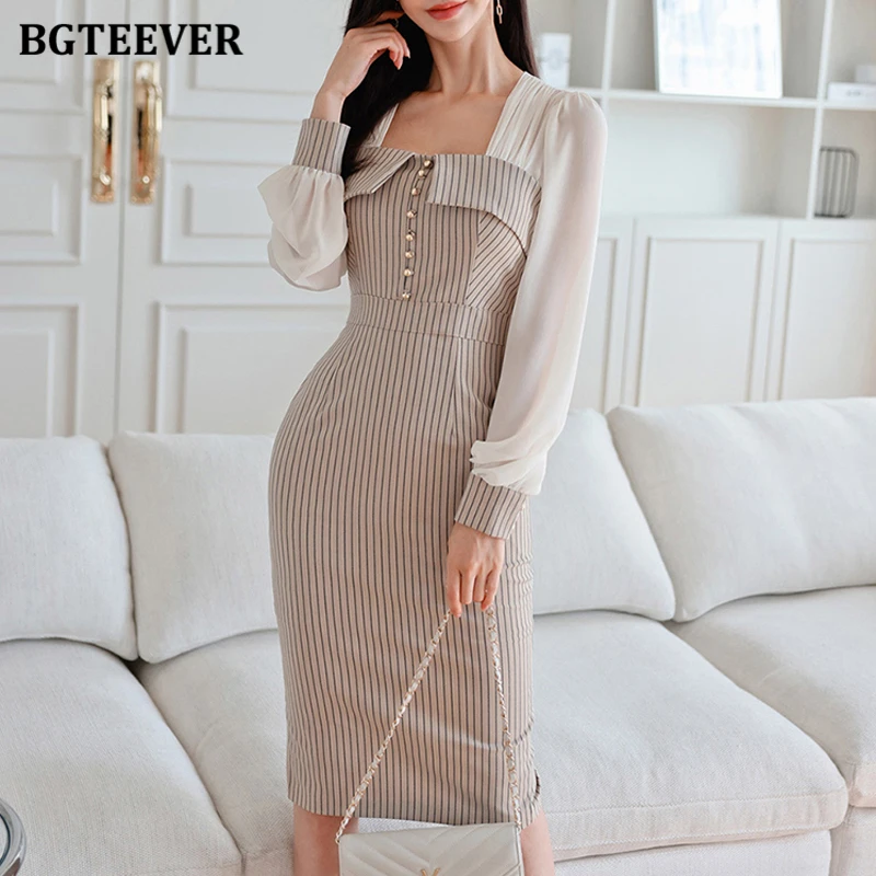 

Платье BGTEEVER женское с квадратным вырезом, повседневное облегающее в полоску, с длинным рукавом, с узкой талией, весна 2022