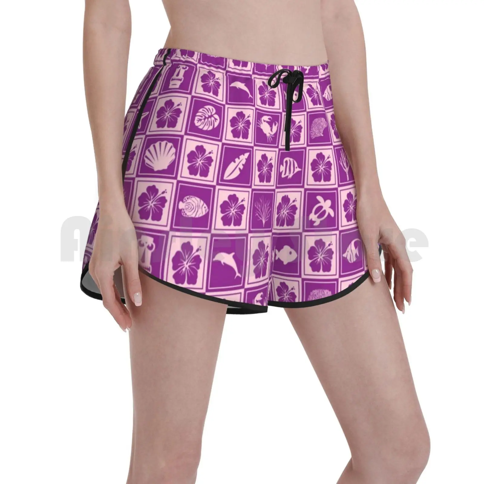 

Purple Island Ocean Life Pattern Swim Shorts Women Beach Shorts Hawaii Hawaiian Hibiscus Flower Shell Sea Shell Turtle