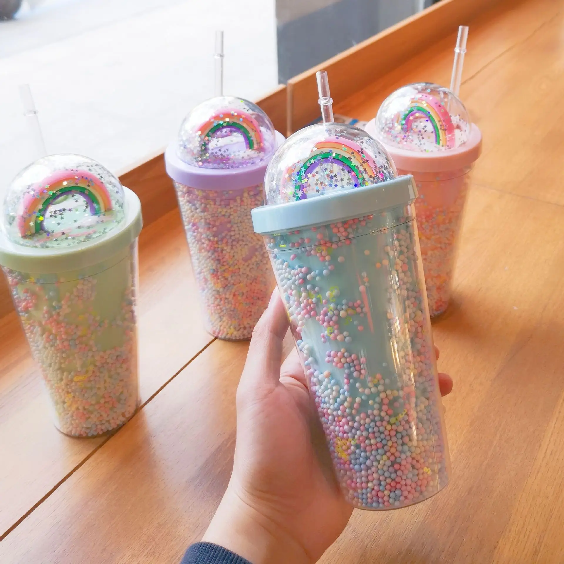 

New Creative Rainbow Plastic Water Cup Fashion Large Capacity Women's Straw Cup Mori Double Layer Color Pearl Drink Cup