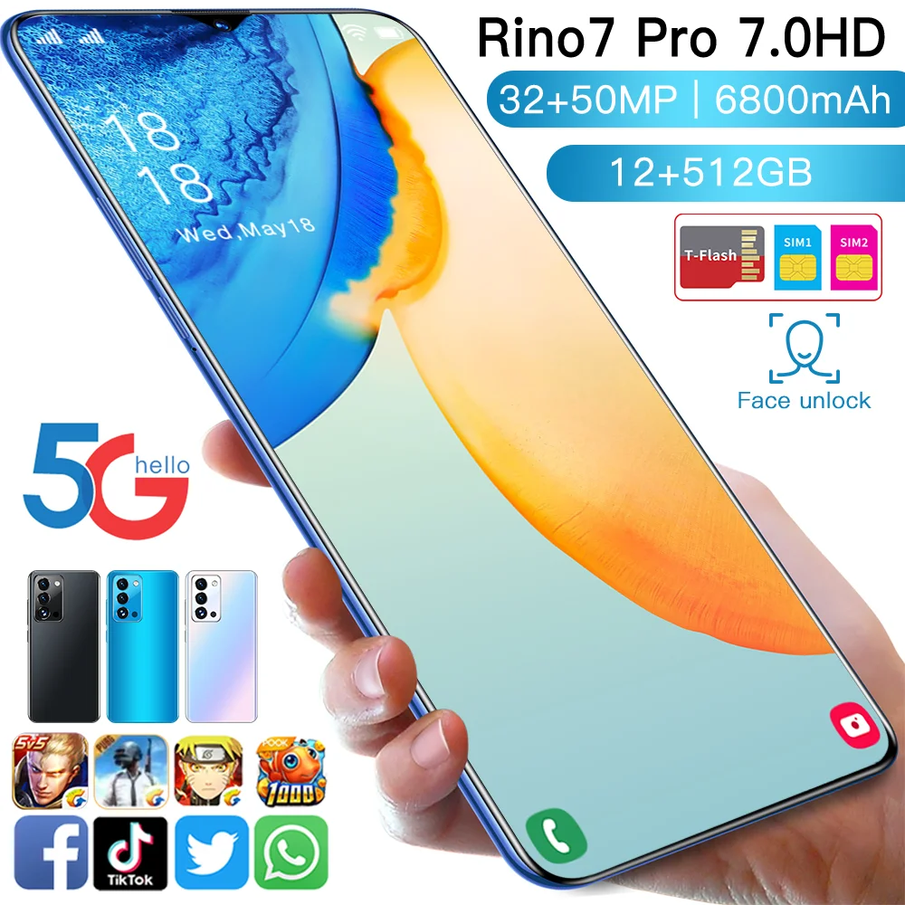 

New Rino7 pro 7.0 Inch 4G Smartphone Recognition Cell phone with 12+512GB Large Memory Android Mobile Phone Dual Sim Cards