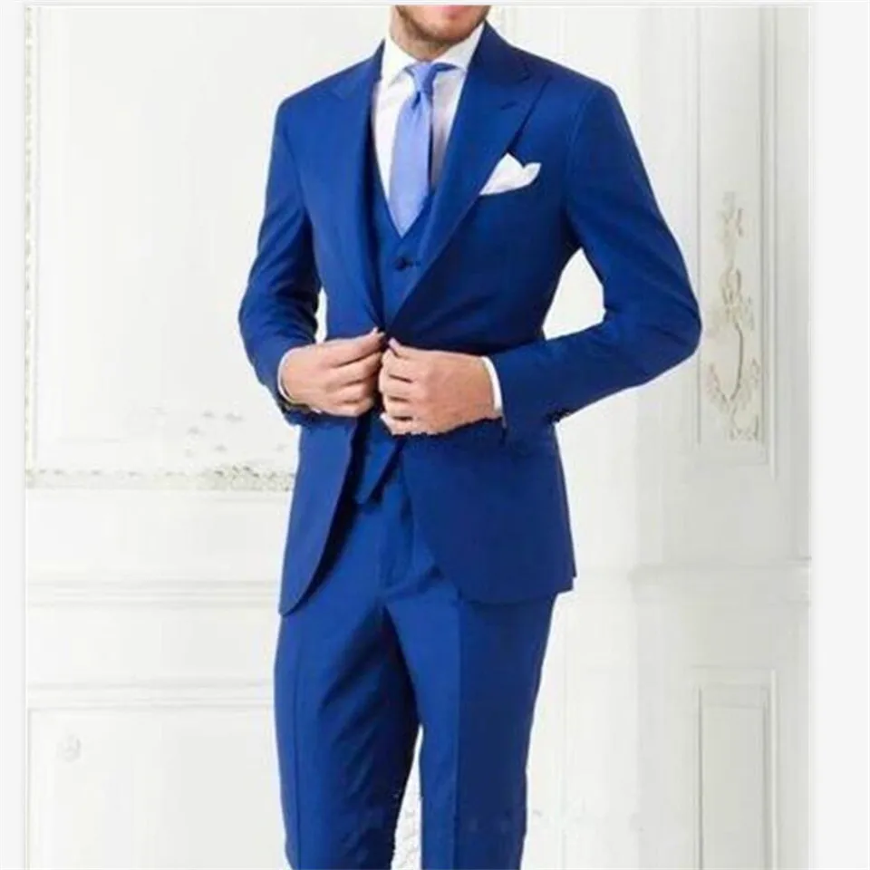 

New Classic Men's Suit Smolking Noivo Terno Slim Fit Easculino Evening Suits For Men Blue Peaked Lapel Tuxedo Groomsman Bridegro