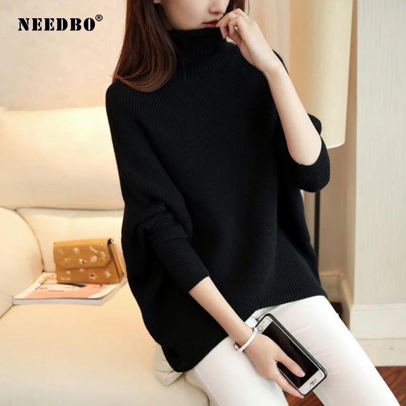 

NEEDBO Ladies Autumn Turtleneck Winter Sweater Oversize Knit Ladies Sweater Women Pullover Batwing Sleeve Elasticity Pull Femme