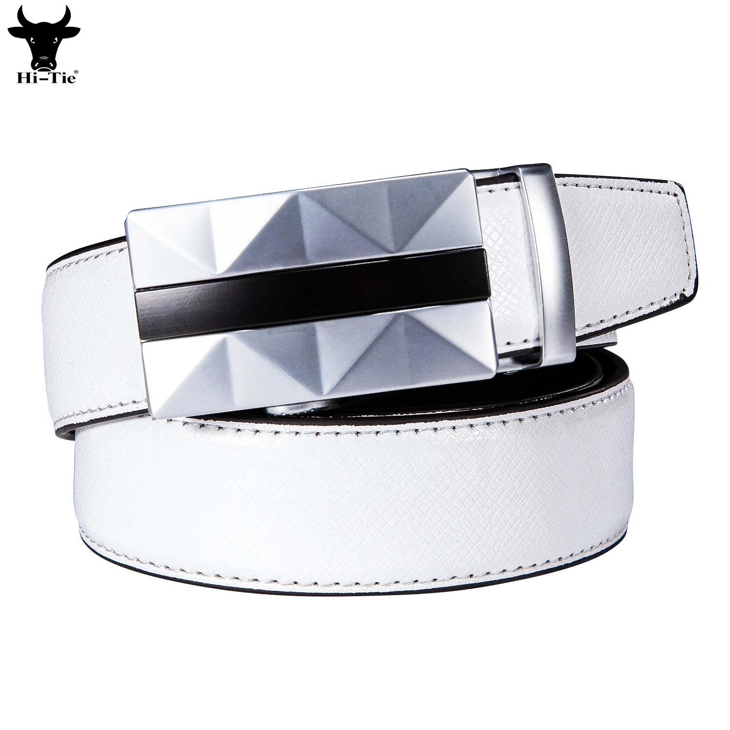 Hi-Tie White Genuine Leather Mens Belts Silver Automatic Buckles Ratchet Waistband Belt for Men Dress Jeans Suit Wedding Casual
