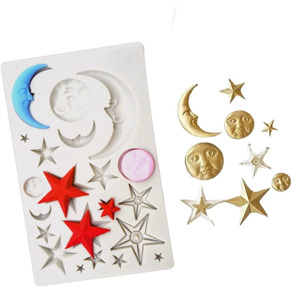 

Sun Moon Stars Cake Fondant Molds Sun Face Crescent Moon Silicone Sugar Craft Gum Paste Chocolate Candy Mold Cupcake Decorations