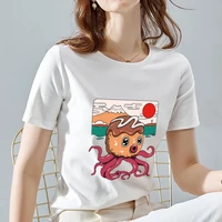 t shirt womens commuter summer casual cute japanese octopus print pattern round neck all match blouse soft ladies white shirt