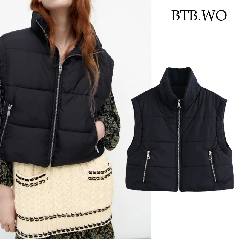 

BTB.WO Za Vest Women 2021 Autumn Winter Zipper Waistcoat Fashion Ladies Sleeveless Parka Vests Jacket Cotton Short Vest Coat