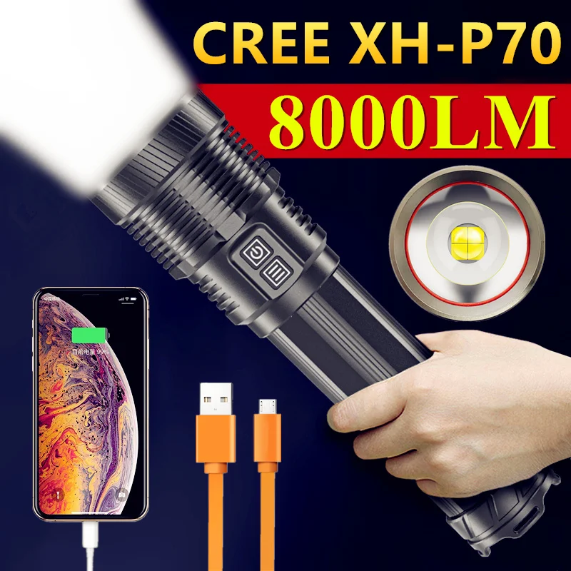 CREE XHP70 High Power Camping Lighting Self-defense Tactical Torch Powerful 18650 USB Charging Ultra Bright LED Flashlight