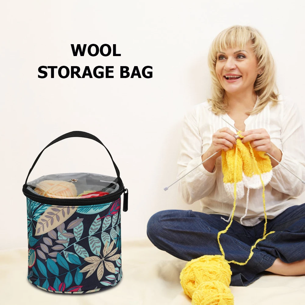 

Woolen Yarn Storage Bag Oxford Cloth Leaf Print DIY Knitting Sewing Kit Zipper Bucket Bag Sewing Supplies Organizer Handbag