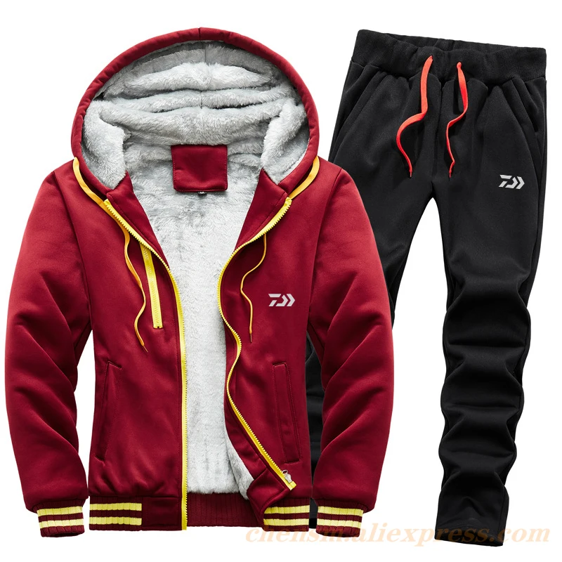 

Новинка 2020, зимние мужские рыболовные комплекты Dawa, утепленный Бархатный спортивный костюм для улицы, однотонный Повседневный свитер
