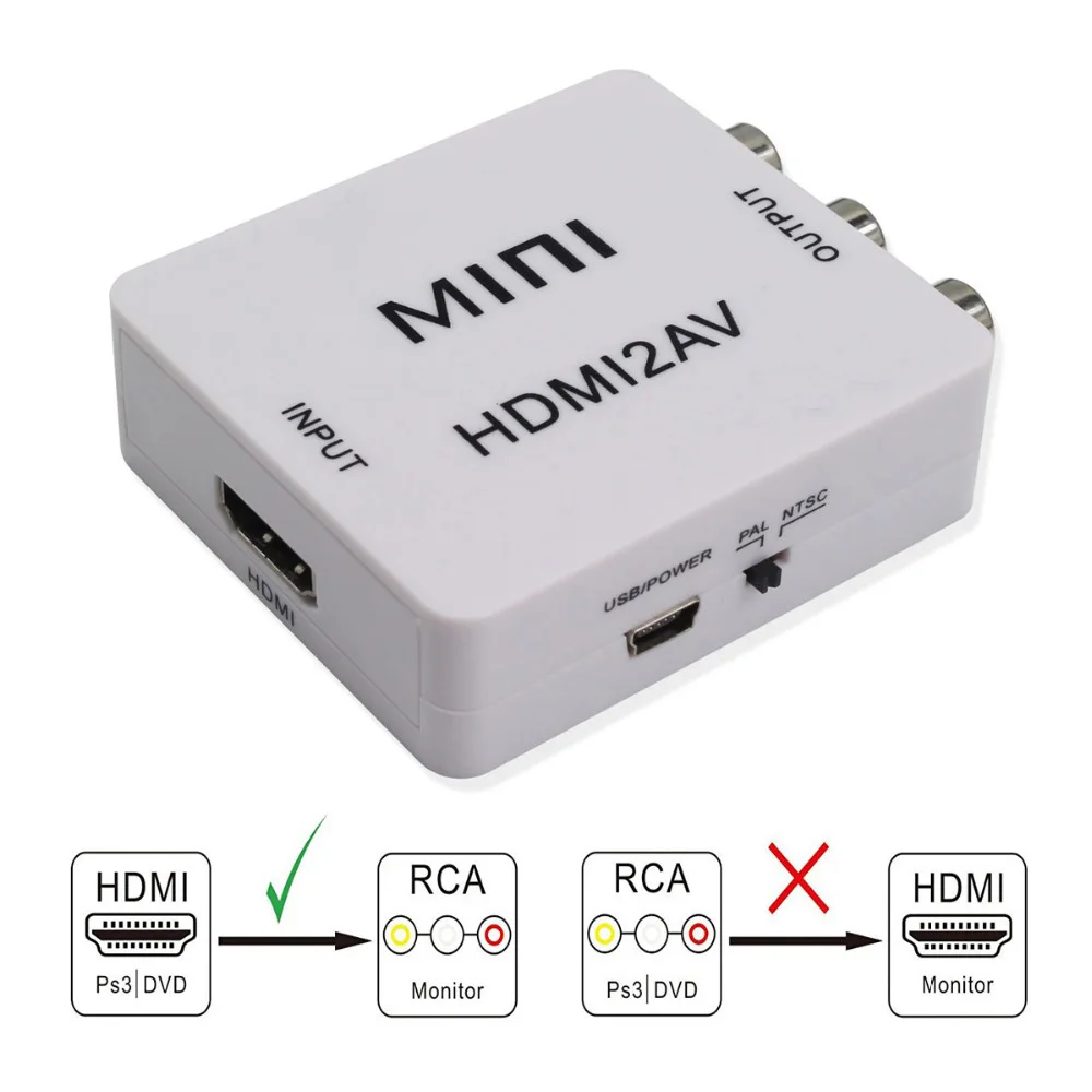 

HDMI to RCA AV CVSB L/R Video AV/RCA CVBS Adapter Mini HDMI2AV Video Converter Box Computer HD 1080P Support NTSC PAL Output HOT