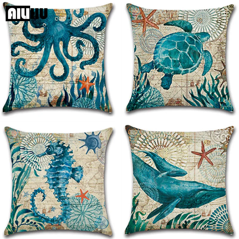 

45x45 Cushion Cover Marine life Decorative Pillow Cushion Covers Linen Pillowcase Cushions Sofa Pillowcover cuscini decorative