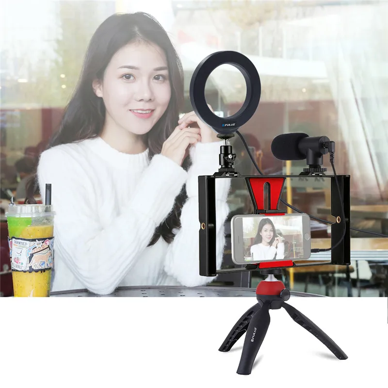 

3 in 1 Vlogging Live Broadcast Phone Video Rig + Microphone + 4.6 inch Ring LED Selfie Light Kits with Cold Shoe Tripod Head