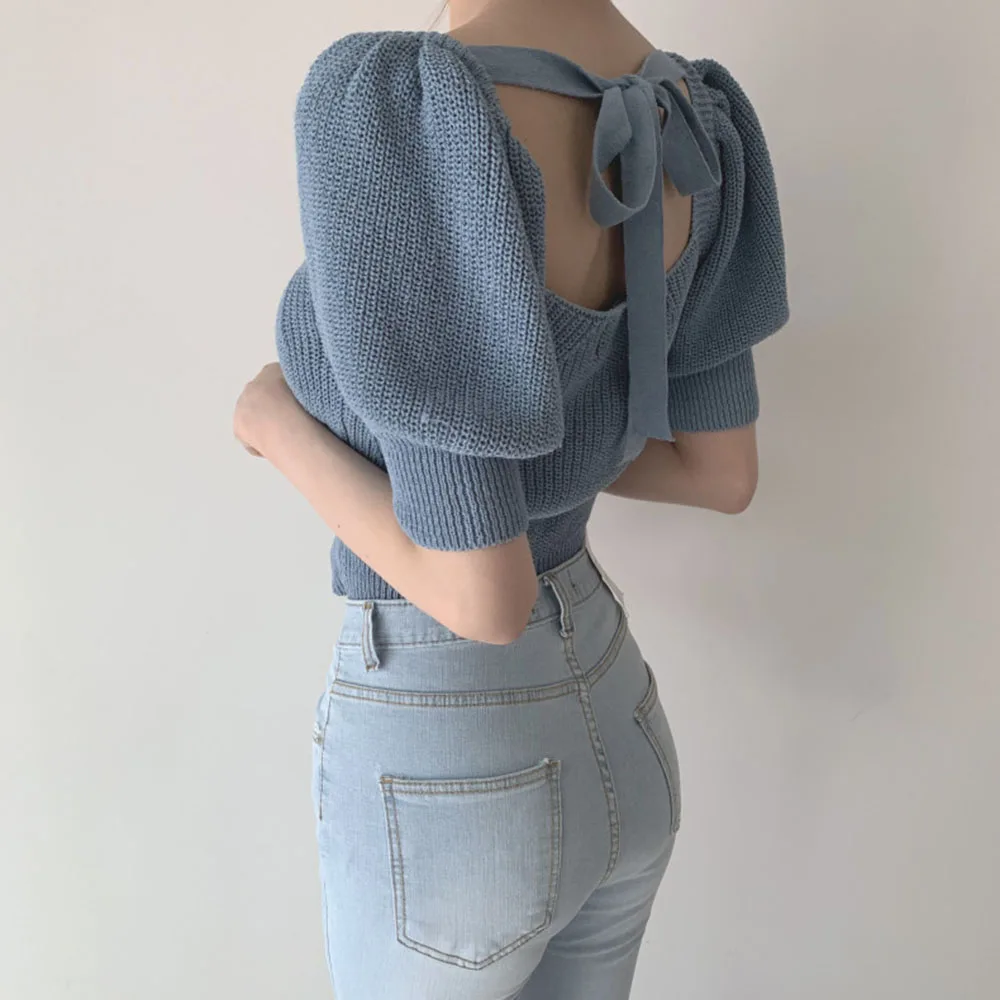 

Knit Backless Blouse 2020 Chic Solid Color Puff Sleeve Slim Short Knitted Blouse Shirts Women Blusas Pullover Tops New