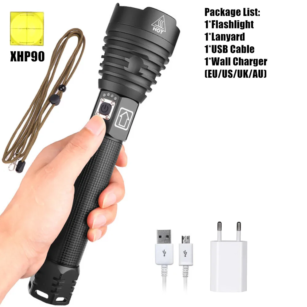 Package H XHP90 светодиодный фонарик XHP70.2 XHP50 USB Перезаряжаемый мощный фонарь с зумом, водонепроницаемый фонарь для охоты, кемпинга, использования 18650 26650 Batt - Испускаемый цвет: Package H