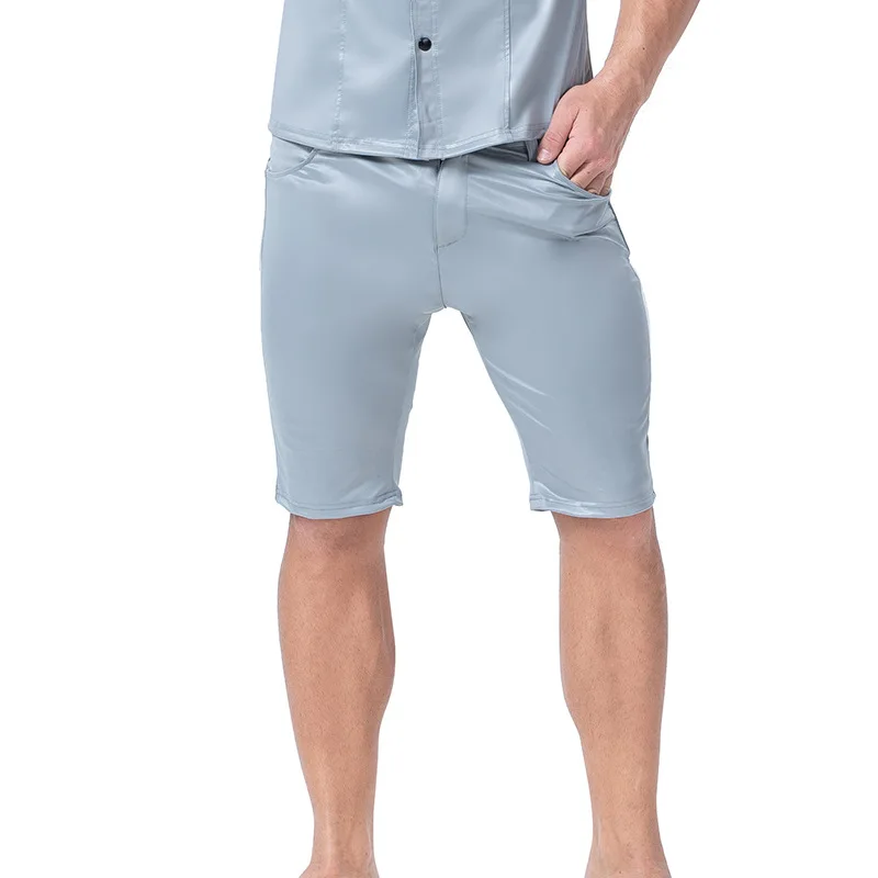 XX149 S-2XL мужские искусственная кожа застежка Брюки с карманами ночной клуб черный ПВХ бондаж шорты Готический полосатый рядом фетиш