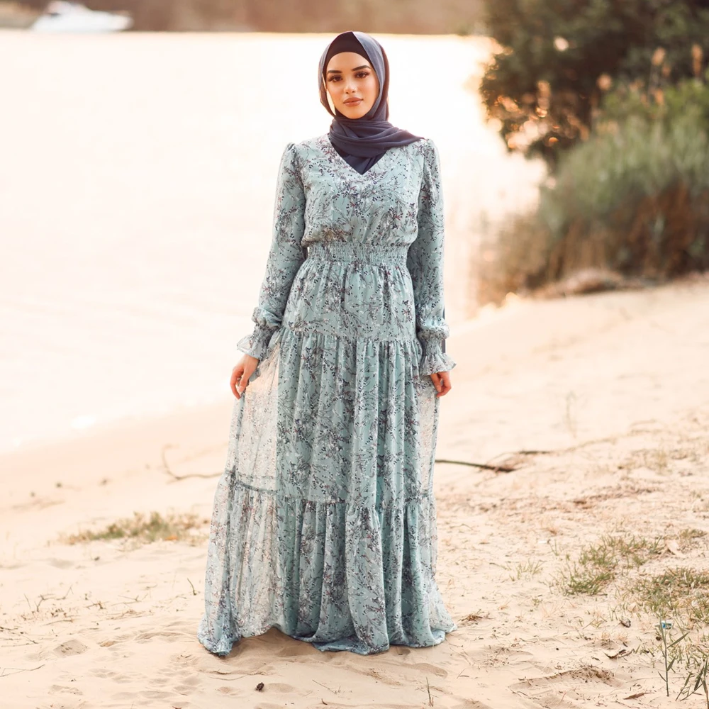 

2021 Fashion Muslim Women Dress Flower Print Abaya Kaftan Robe Musulmane Turkey Islamic Clothing Arabe Caftan Dubai Jilbab Gown