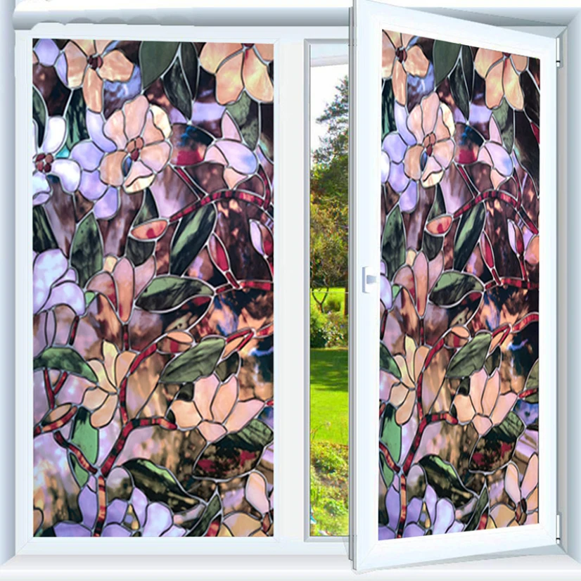 

Multicolor PVC Window Glass Film Static Adhesive Flower Bathroom Kitchen Classic Art Light Tight Glass Decorative