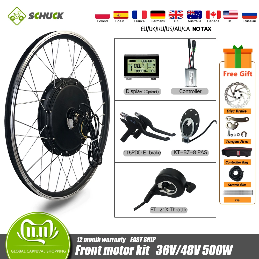 

Ebike Conversie Kit 36V 48V 500W Brushless Gearless Front Elektrische fiets Motor All Waterdichte Kabel Met Kt Lcd Display