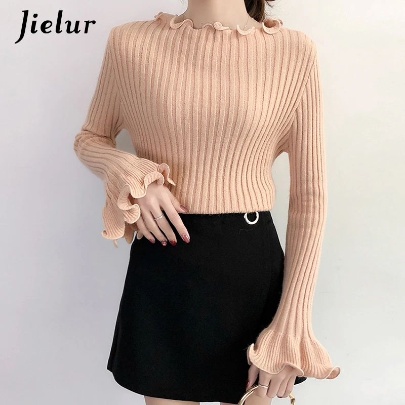 Свитер женский трикотажный с оборками и воротником длинным рукавом зимний S-XL |