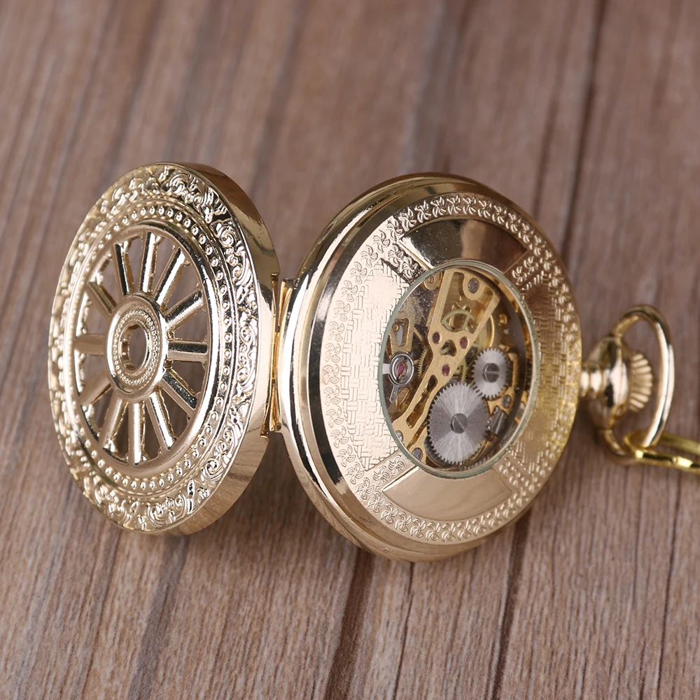 Luxury Gold Disc Hollow Out Steampunk Mechanical Pocket Watch Fashion Gentleman Necklace Pendant Accessory Gift Clock