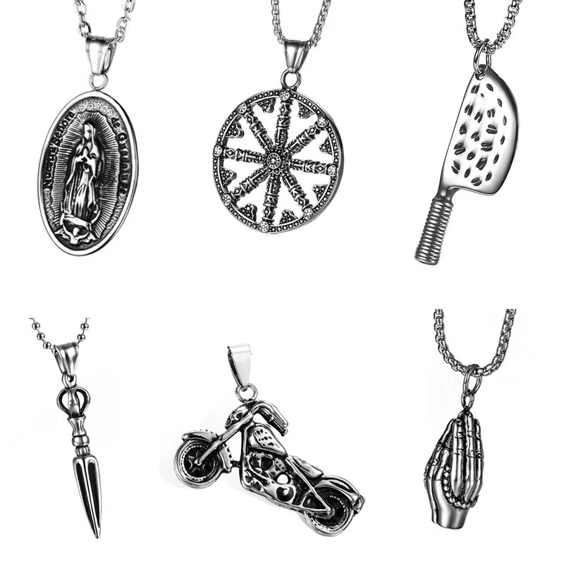 

Fashion Male Punk Jewelry Vintage Men's Necklaces Motorcycle Knife Pendant Stainless Steel Virgin Mary Necklace for Men