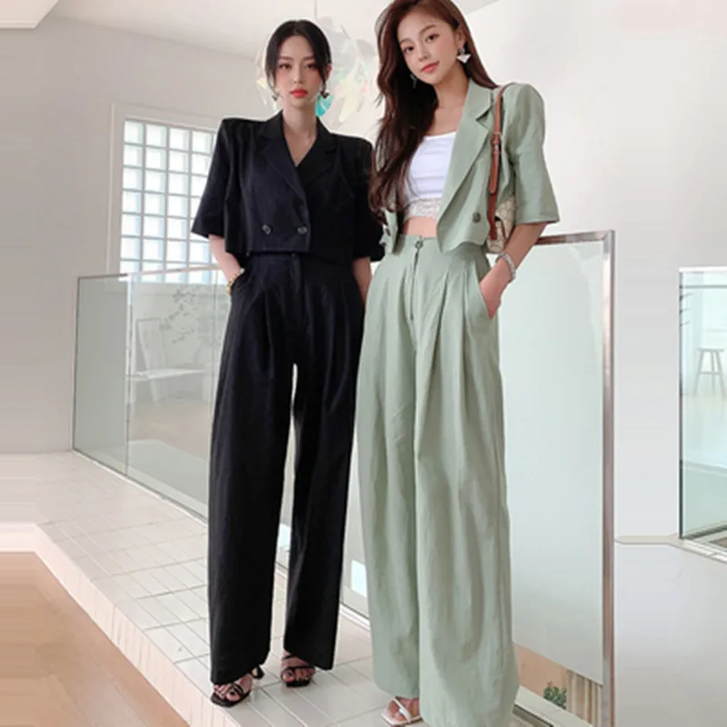 

2022 Autumn OL Office Two Piece Set Fashion Women Notched Collar Loose Short Blazer Tops + Elastic Waist Casual Pants Suits