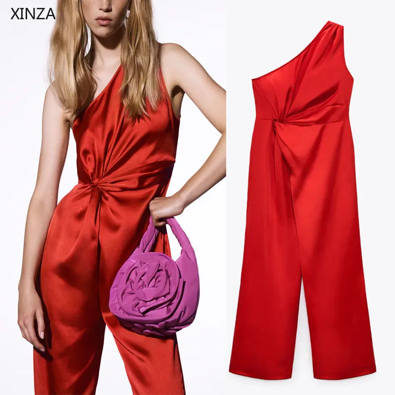 

Женский Длинный комбинезон на одно плечо Za, Красный Асимметричный комбинезон без рукавов, лето 2021