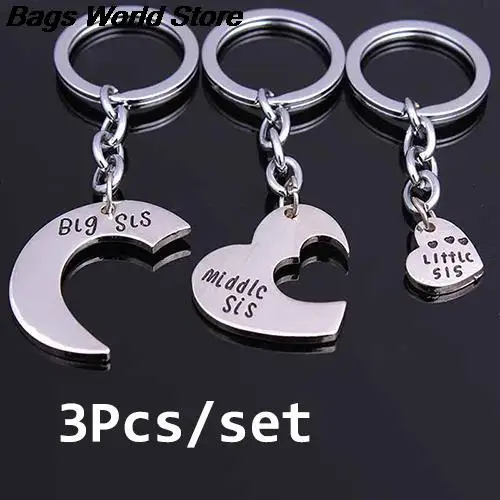 

3 Pcs Family Big Mid Lil Sis Metal Sister Love Heart Keychain Gifts Keyring Charm Women Best Friend BFF Jewelry Bag Accessories